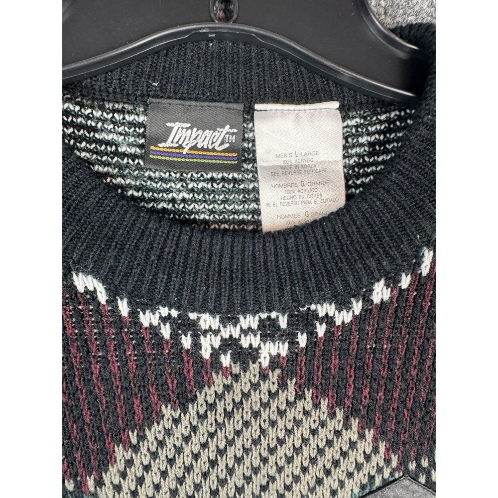 Vintage 90s Impact Leather Patch Geometric Multi-Color Sweater Grandpa Men's L - Picture 3 of 6